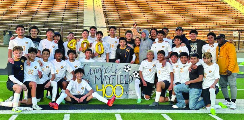 Mount Pleasant High School soccer coach, Jason Mayfield, earned his 400th win on Tuesday, March 26 in the bi-district playoff game vs. Lufkin. The Tigers defeated Lufkin 4-0 and have moved on to round 2 of the UIL 5A playoffs. They will play Sherman at Paris High School at 2:30 p.m. on Friday, March 29. COURTESY PHOTO