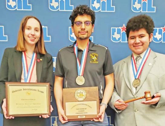L to R: Connelly Cowan, Coach Enrique Martinez, and Anthony Orellana with their speaker awards and UIL State silver medals COURTESY PHOTO