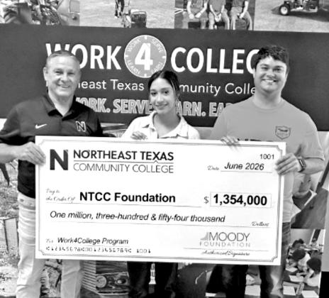 Pictured (from left): Dr. Jon McCullough, NTCC Executive Vice President for Advancement; McKenna Neal, Resource Development Specialist; and Mason May, Director of Work4College, are pictured at the check presentation. Courtesy photo