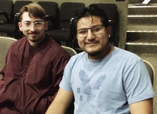 Honors Scholars Kaden Groda and Michael Rodriguez previewing the coming film on the Traveling Preachers of Early Texas. COURTESY PHOTO