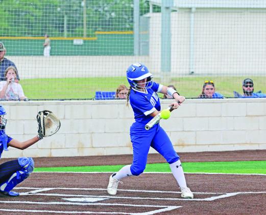 Logan Huddleston makes contact during the Lady Rebels’ playoff series against Frankston. Huddleston was one of three seniors who played for the Lady Rebels this season -- Avery Martin and Macy Childres were the others.