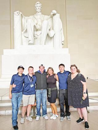 MPHS FFA members and advisors visit the Lincoln Memorial. Pictured left to right are Aiyden Botello, Lincoln Ellis, Jacob Townson, Susie Hearron, Jacob Botello, Meagan Raine. COURTESY PHOTO