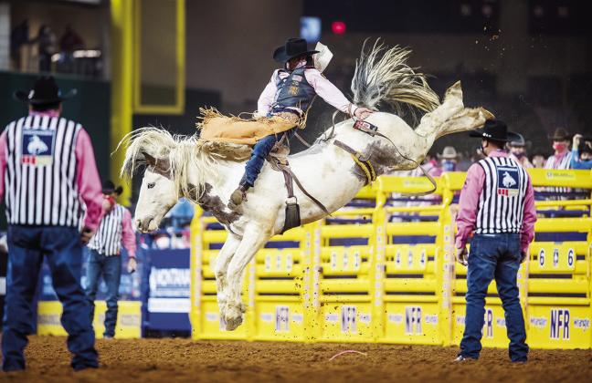 Kaycee Feild rides this bronc bareback in the 2020 NFR. He will be riding again this year, sponsored by Priefert. COURTESY PHOTO