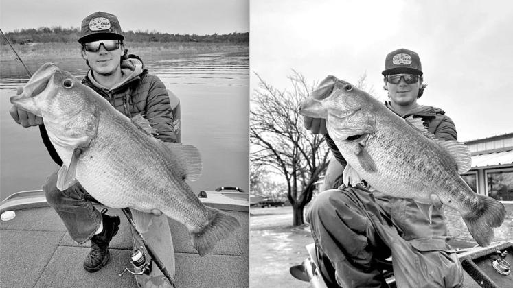 Dalton Smith, 24, with the 14.69 (left) and 14.26 pounders he boated on December 30, just hours apart, on Lake O.H. Ivie. Both were caught on light spinning tackle. Smith’s Wild, Wild West encounter prompted him quit his job in Kentucky and relocate to Texas less than a week later to launch a guide business on the 19,000-acre reservoir. PHOTOS COURTESY OF DALTON SMITH/COLE LOGSDON