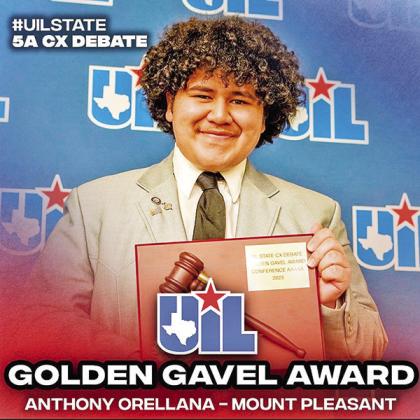 Anthony Orellana and his UIL State Top Speaker plaque COURTESY PHOTOS