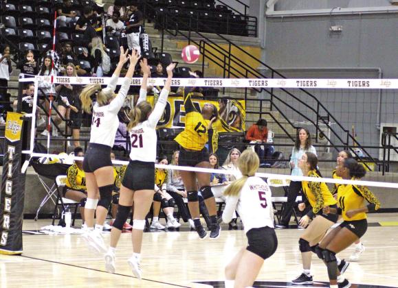 Mount Pleasant’s Essence Hurndon jumps for a spike during Friday’s game against Whitehouse. The Lady Tigers fell to the Lady Cats, 3-0 (18-25, 10-25, 25-27). The Lady Tigers concluded their season Tuesday at home against Texas High. TRIBUNE PHOTO / QUINTEN BOYD