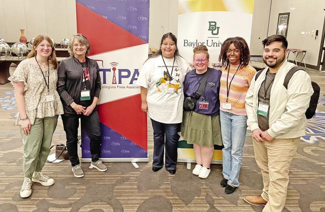 Staff members of NTCC’s The Eagle newspaper recently attended the 2023 Texas Intercollegiate Press Association and received a total of 23 awards, including a first place best in show award. Pictured with staff advisors Mandy Smith (second from left) and Daniel Sanchez (right) are staff members Abigail Barnard, Liliana Torreblanca, Skylar Fondren and Paisley McGee. COURTESY PHOTO