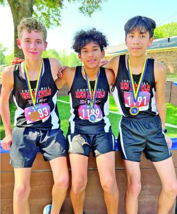 COURTESY PHOTO Chapel Hill Junior High Boys placed 1st for the second week in a row. Top finishers included, from left to right 6th place Sloan Abbott 12:44, 2nd place Andres Delgado 12:24, and 1st place Moises Netro 12:09.