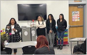Glossy Nail owner, Eli Ruiz (left), and Nail Techs (right) discuss business ownership with MPHS cosmetology students. COURTESY PHOTO