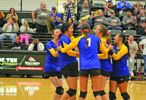 From left, Harts Bluff’s Kaitley Green, Yaretzi Sanchez, Alexis Gonzalez, Kaylee Clay and Kaithlin Le celebrate after a block by Sanchez during the Lady Bulldogs’ bi-district match against Maud in Pittsburg. Harts Bluff won over Maud, 3-0, to advance to the area round before falling to Garrison, 3-0. Harts Bluff finishes the year at 16-17 and loses just one senior -- Kaitley Green -- from this year’s team. TRIBUNE PHOTO / QUINTEN BOYD