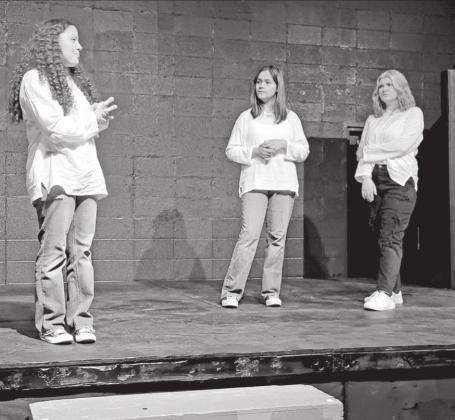Ashanti Presley explains her love of Shakespeare to Nayeli Rivera and Faith Rothrock in The Rough Theatre Company production of The Complete Works of Shakespeare Abridged (Revised). COURTESY PHOTO