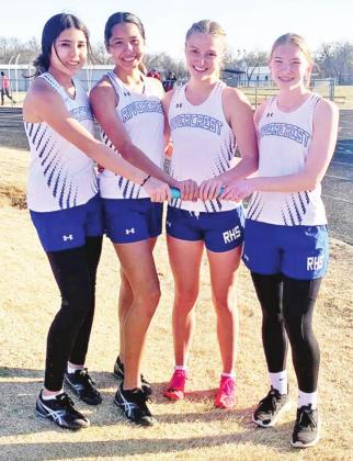 The Rivercrest Lady Rebel 4x400 meter relay team of Diana Kelley, Selena Kelley, Lauren Kasal and Allie Cheatwood finished fourth in their race at Thursday’s Honey Grove Warrior Relays. COURTESY PHOTO