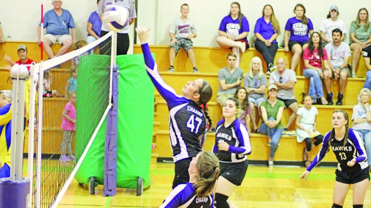 CHAAMP’s Mackenzie Hulen jumps for a spike during Friday’s match against Harts Bluff.
