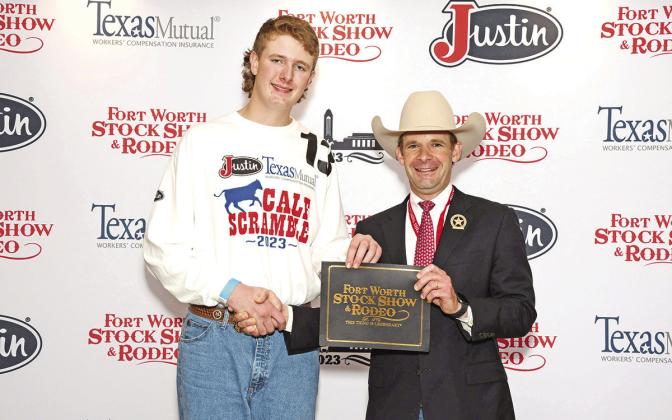 Jonathan Dalby won a $500 purchase certificate toward a beef or dairy heifer for a 4-H or FFA project for exhibition at next year’s Fort Worth Stock Show &amp; Rodeo. The certificate, presented by Stock Show Calf Scramble Committee member, Paxton Motheral, was sponsored by Bill and Pati Meadows. COURTESY PHOTO