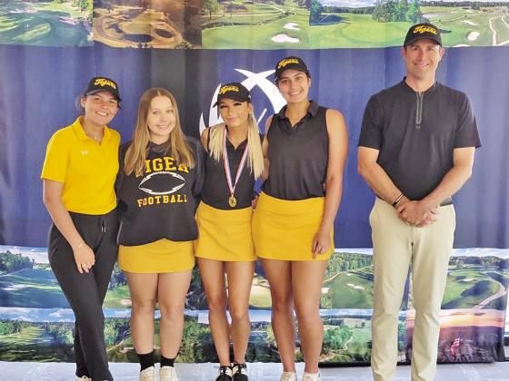 Lady Tiger Golf (L to R) Coach Hallie Posey, Kate Ball, Kylee Strickland, Sophie Greco, and Coach Benny Blaser COURTESY PHOTOS