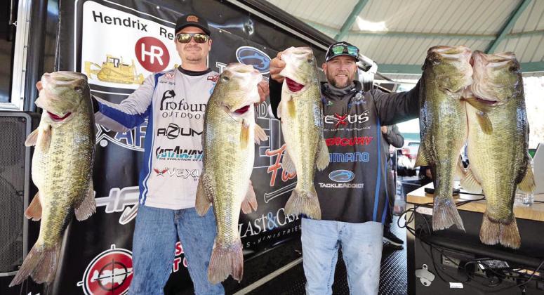 Derek Mundy and Jason Bonds weighed in 10 bass totaling 47.32 pounds win the “The Show” season opener on Sam Rayburn. The two anglers banked $50,000. (Courtesy Photo, Brandon Belt Fishing)