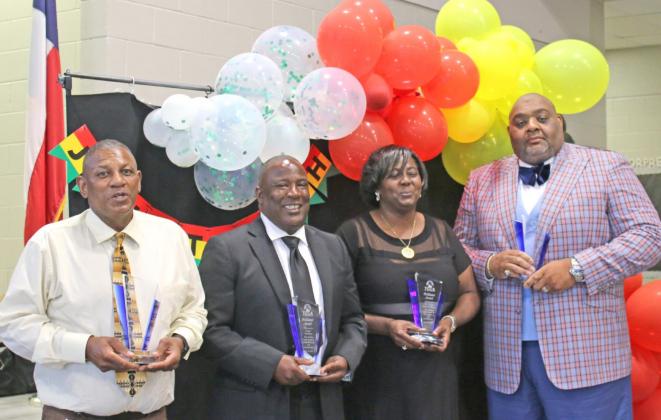 Shown are the 2021 TCCA Brilliance Award honorees: Roger Brannon, Sonya Robert-Woods, JC White, and Vincent Hurndon (far left) who stood in for Joey Chism, as he was unable to appear at the banquet. TRIBUNE PHOTO / DI DUNCAN