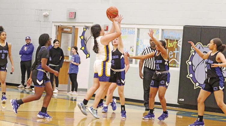 Harts Bluff’s Yaretzi “YaYa” Sanchez puts up a shot during the Lady Bulldogs’ game against Clarksville. The Lady Bulldogs fell at home to second place Clarksville and on the road at first place Rivercrest. COURTESY PHOTO