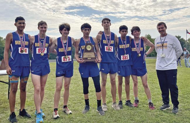 The Harts Bluff boys finished 18th overall at the regional cross-country meet this past weekend. Two Harts Bluff runners -- Jose Garcia and Lady Bulldog Alexa Arzate -- will advance to the 2A state meet Nov. 4 in Round Rock. COURTESY PHOTO