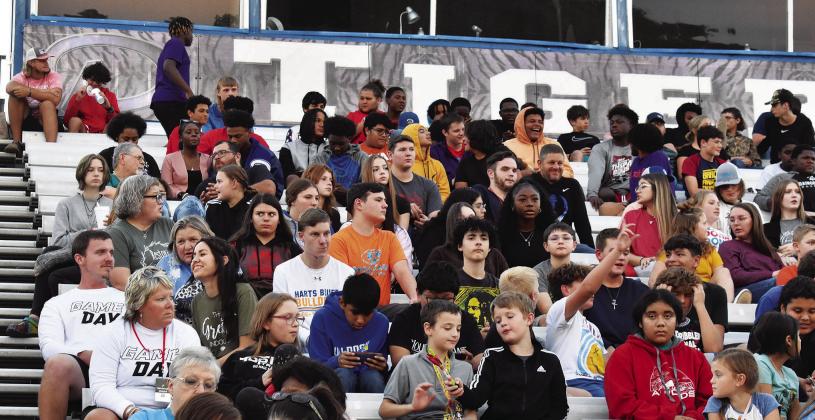 A group of students from Harts Bluff ISD, including Athletic Director Harland Johns (far left) took part in Fields of Faith at Daingerfield High School on Oct. 5. The event saw over 100 students make life-changing decisions. PHOTO BY TONI WALKER