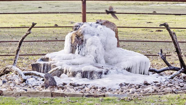 A frozen fountain shows the impact of last week’s freezing temps across Northeast Texas. COURTESY PHOTO