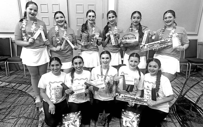 The 2024-2025 Tiger Doll Officers and Sergeants with their camp awards. Front Row L to R: Senior Lieutenant Violet Castaneda, 1st Lieutenant Morgan Zepeda, Captain Audrey Fisher, Junior Lieutenant Kenlee Jaggers, Junior Lieutenant Pilar Gonzalez. Back Row L to R: Sergeant Presley Craig, Sergeant Alexis Mata, Head Sergeant Marley Broach, Sergeant Madison McKelvey, Sergeant Leslie Benavides, Sergeant Alba Zeqaj