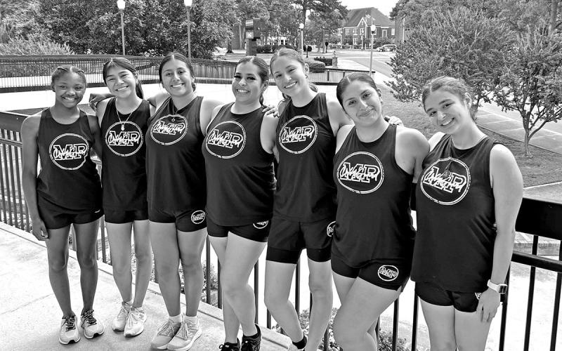The 2025-2026 Mount Pleasant High School Colorguard officers and newly selected members of the Northwestern State University Colorguard, The Demon Heat, (L to R) Lieutenant Aaliyah Gholston, Lieutenant Karyme Sanchez, Lieutenant Valeria Bello, Co-Captain Andrea Garcia, Captain Esmeralda Perez, Co-Captain Sofia Estrada, Lieutenant Emily Ortiz