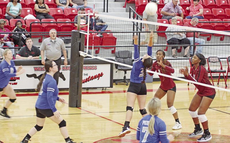 TRIBUNE PHOTO / QUINTEN BOYD Pewitt’s Ashtyn Boyd jumps up for a set during play at the Hughes Springs Tournament. The Lady Brahmas dropped their match Tuesday against Chisum, 3-0.