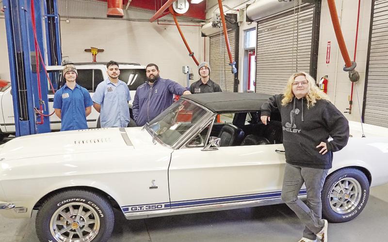 Shelby students who attended SEMA are pictured with the GT350 that was on display at the Shelby Heritage Center. From left is: Sam Nichols, Javier Macias, Josh Sigal, Kolby Perkins, Rebekah Briggs. COURTESY PHOTO
