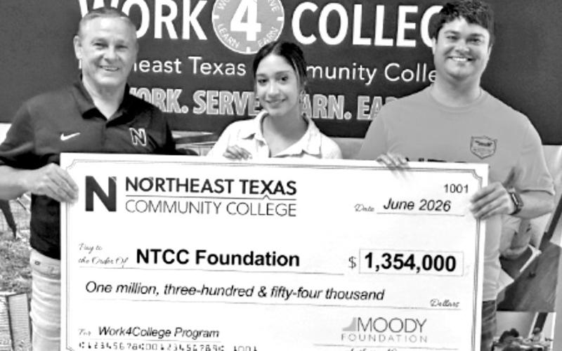 Pictured (from left): Dr. Jon McCullough, NTCC Executive Vice President for Advancement; McKenna Neal, Resource Development Specialist; and Mason May, Director of Work4College, are pictured at the check presentation. Courtesy photo