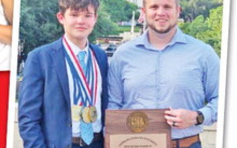 Chapel Hill senior Luke Nichols (left) claimed three state championships at the UIL Academic Meet this past Thursday in Informative Extemporaneous Speaking, Lincoln- Douglas Debate and Congressional Debate. Nichols is pictured with coach Cody Morris.
