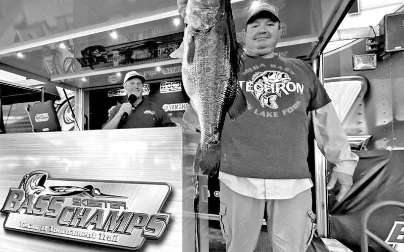 Bass angler James Adams bested more than 1,500 anglers with a 9.34 pounder to win $15,000 and a new Skeeter Boat in the 2023 Bass Champs Techron Mega Bass tournament held March 26 on Lake Fork. Adams’ bass was one of two fish outside the upper end of the lake’s 16-24 inch slot limit brought to the scales. COURTESY PHOTO / BASS CHAMPS
