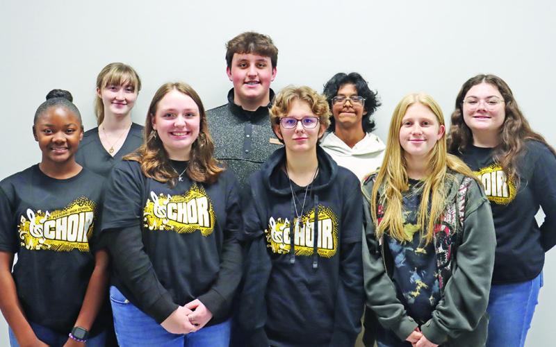 Pictured L to R: Mount Pleasant High School Choir Area qualifiers - Front row (L to R) Aaliyah Gholston, Kristina Tidwell, Sara Vanhoose, Mattie Merriman. Back row (L to R) Hope Powell, Daniel Kimbrough, Hector Sierra-Rosales, Alivia Newman COURTESY PHOTO