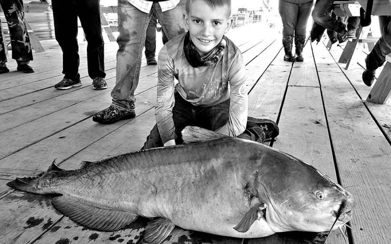 Cade Childress of Pickton reeled in this 72.4 pound blue cat at Lake Tawakoni in March 2021. The fish ranks as the current junior angler state record and junior angler lake record for Lake Tawakoni. Childress was only 12 at the time of the catch. (Courtesy Photo)