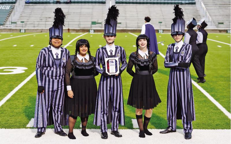 Goin’ Gold Band Drum Majors Colorguard Officers with their Area Finalist plaque (L to R) Jose Fuentes, Jocelyn Marroquin, Shpat Zeqaj, Addison Heeren, Orion Senence COURTESY PHOTO