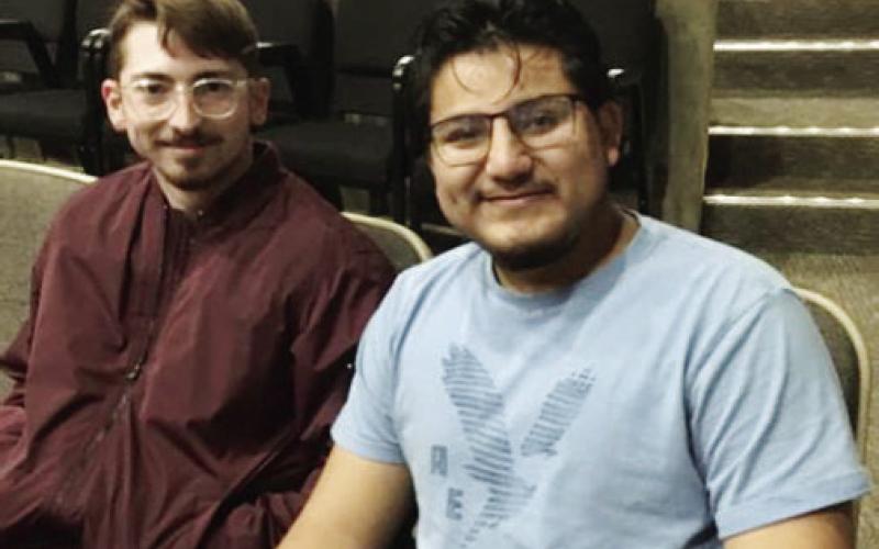 Honors Scholars Kaden Groda and Michael Rodriguez previewing the coming film on the Traveling Preachers of Early Texas. COURTESY PHOTO