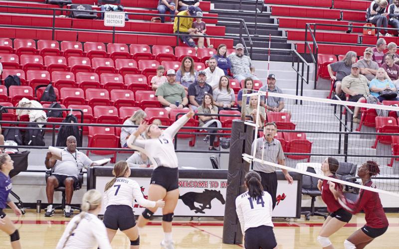 Rivercrest’s Elizabeth Langehennig jumps for a spike during a recent game. The Lady Rebels took on Quinlan Boles Friday evening and will meet Avery next Friday. TRIBUNE PHOTO / QUINTEN BOYD