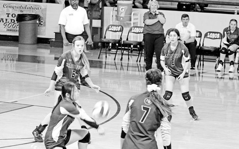 Harts Bluff’s Kaithlin Le gets underneath a ball while teammates (clockwise from left) Kaylee Clay, Anay Solorio and Alexis Gonzalez look on. Harts Bluff will return their entire roster next season in the hopes of adding to their own tradition. TRIBUNE PHOTO / QUINTEN BOYD