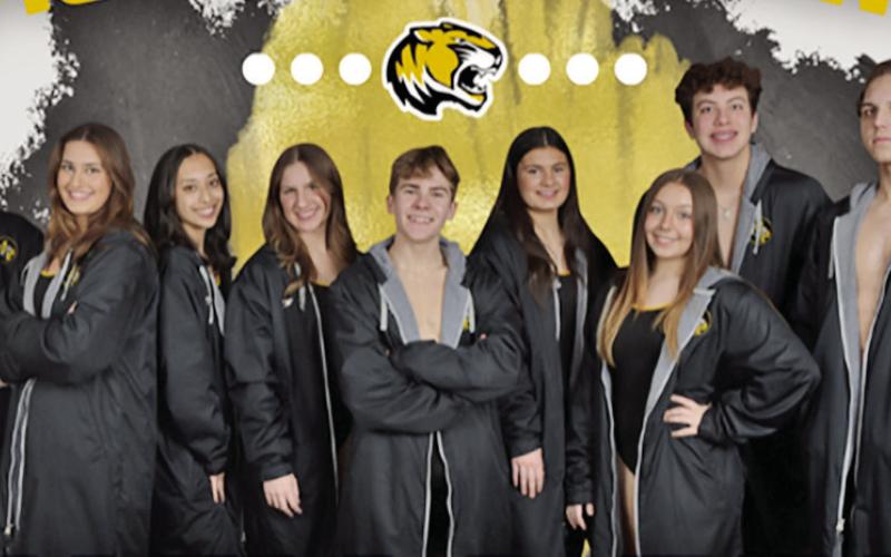 The 2022-2023 MPHS Tiger Swim team (L to R): Eli Rider, Sophie Greco, Joseline Hernandez, Reese Ball, Camdon Johnson, Ava Fite, Kate Ball, Alessandro Greco, Jack Welborn COURTESY PHOTO