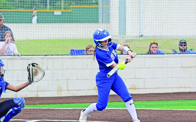 Logan Huddleston makes contact during the Lady Rebels’ playoff series against Frankston. Huddleston was one of three seniors who played for the Lady Rebels this season -- Avery Martin and Macy Childres were the others.