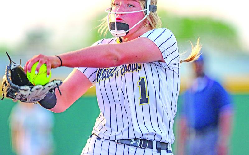 Kammie Terrell delivers to the plate against Hallsville. Terrell recorded her 400th career strikeout on Friday versus the Texas High Lady Tigers.