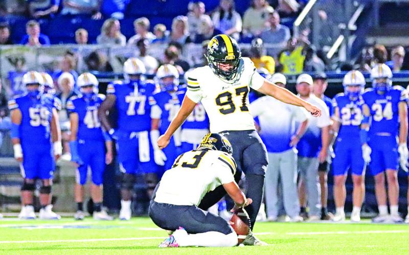 Alberto Avila nails a field goal vs Sulphur Springs to give the Tigers an early lead.