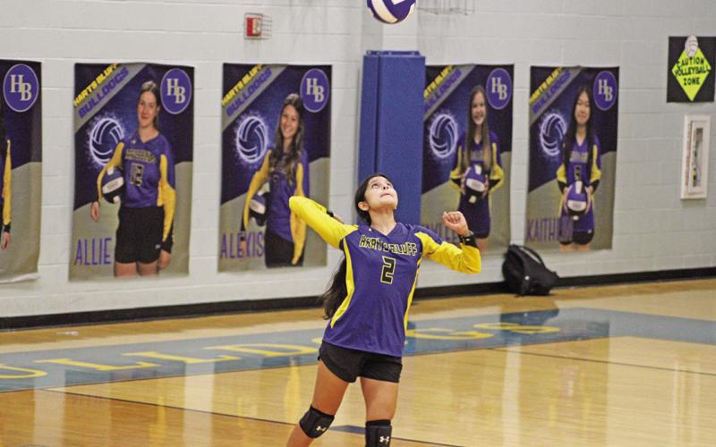 Harts Bluff’s Alexa Arzate prepares to serve during a recent game. The Lady Bulldogs, currently in third place in District 17-2A, hosted Detroit Friday and will host Rivercrest Tuesday evening. TRIBUNE PHOTO / QUINTEN BOYD