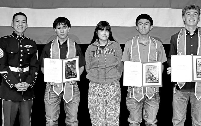 MPHS seniors earning military cords for graduation (L to R) Sergeant Dydasco, Kevin Urbina, Alexandra Velez, Abraham Tolentino, Jacob Holstein Courtesy Photo