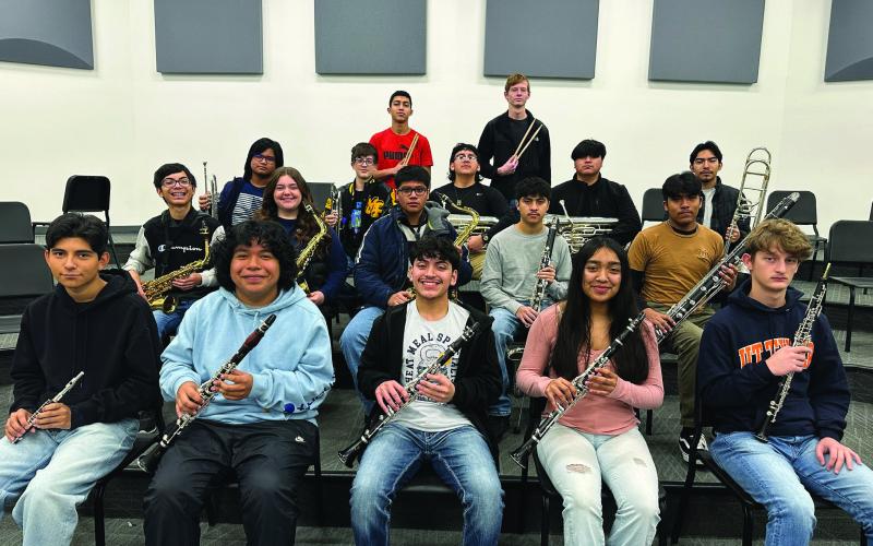 MPHS members of the All-Region Band. First row (L to R) Bryan Garcia, Jose Fuentes, Christopher Sorto, Araceli Solis, Shpat Zeqaj; Second row (L to R) Julian Chancellor, Zoe Newman, Eli Hernandez, Andrew Perez, Nephtali Gonzalez; Third row (L to R) Adriel Bagsic, Orion Senence, Bruno Deleon, Angel Farias, Oscar Castellanos; Fourth row (L to R) Andy Carrillo, Luke Thurman.
