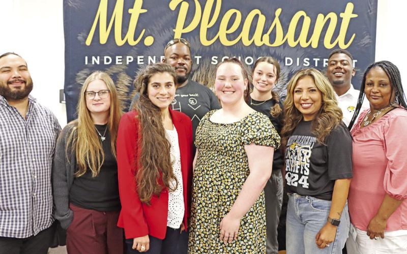 New staff members at Mount Pleasant Junior High (left to right) Front Row: Joel Guerrero, Carlee Bryant, Eva Hernandez, Abby Sneed, Perla Mayfield, and Margo Salnave. Back row: Chris Richard, Kaitlyn Bates, and Jakevian Hughes.