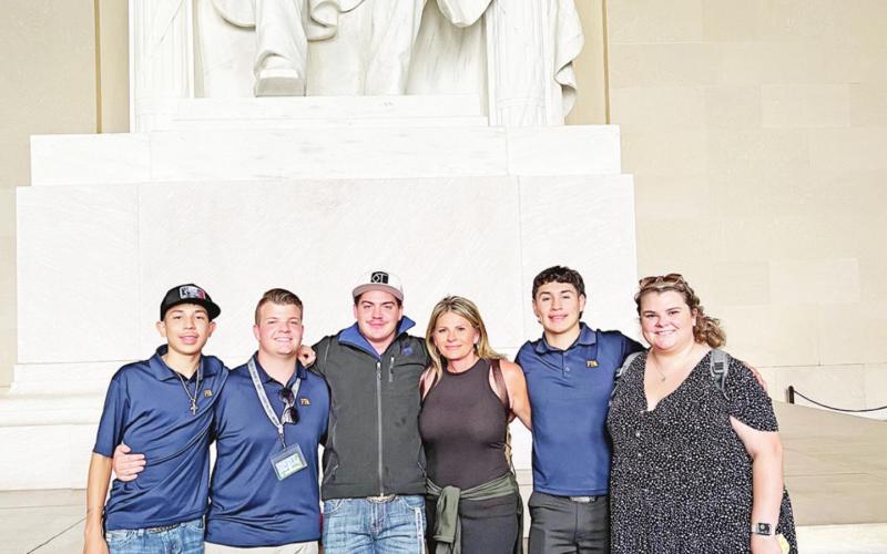 MPHS FFA members and advisors visit the Lincoln Memorial. Pictured left to right are Aiyden Botello, Lincoln Ellis, Jacob Townson, Susie Hearron, Jacob Botello, Meagan Raine. COURTESY PHOTO