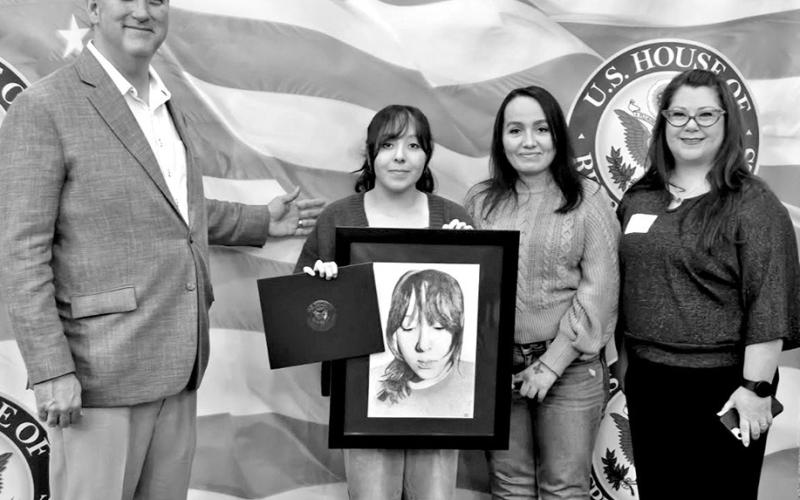 (L to R) Representative Nathaniel Moran, Jaydy Martinez, Dora Paredes, MPHS art instructor Laura Kirkland