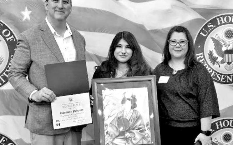 (L to R) Representative Nathaniel Moran, Dayanara Pulquero, MPHS art instructor Laura Kirkland Courtesy Photos