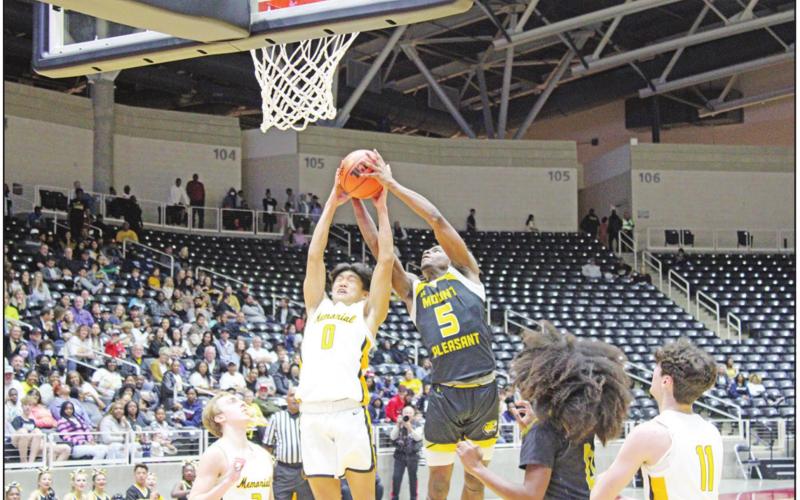 Mount Pleasant’s Ed Wilder rips a rebound away from Memorial’s Mason Kim during Friday’s regional semifinal. The Tigers fell to the Warriors, 72-54. TRIBUNE PHOTO / QUINTEN BOYD